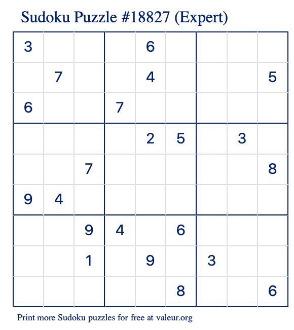 Free Printable Expert Sudoku Puzzle number 18827