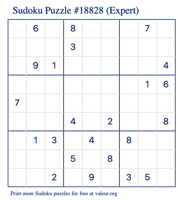 Free Printable Expert Sudoku Puzzle number 18828