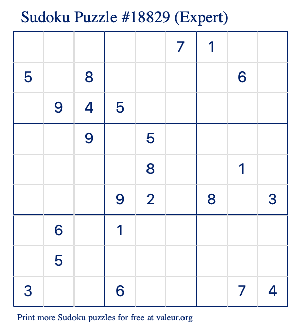 Free Printable Expert Sudoku Puzzle number 18829