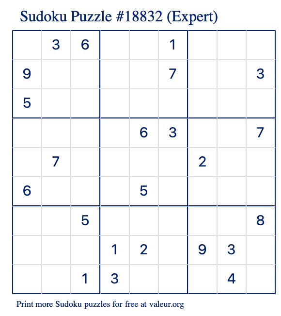 Free Printable Expert Sudoku Puzzle number 18832