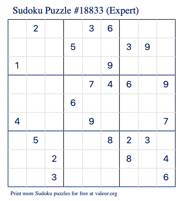 Free Printable Expert Sudoku Puzzle number 18833