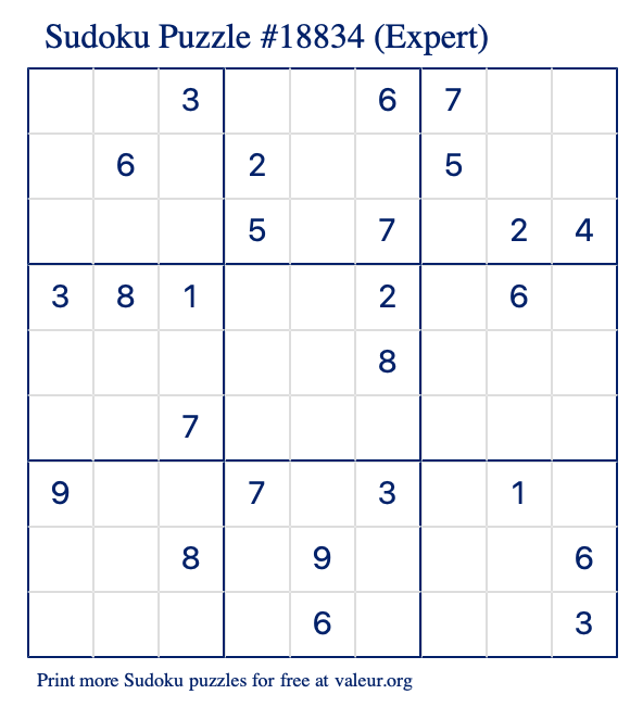 Free Printable Expert Sudoku Puzzle number 18834