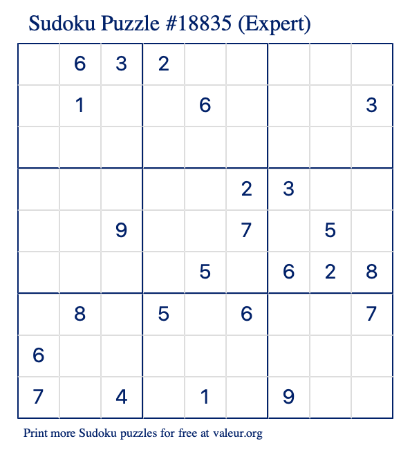 Free Printable Expert Sudoku Puzzle number 18835