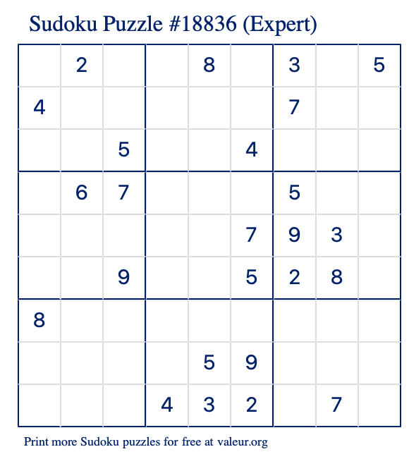 Free Printable Expert Sudoku Puzzle number 18836