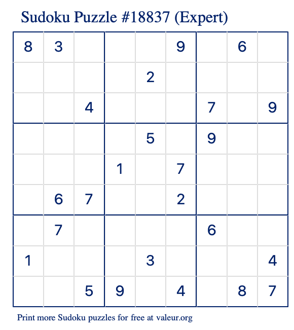 Free Printable Expert Sudoku Puzzle number 18837