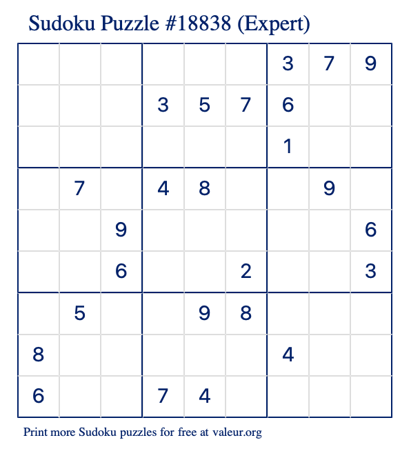 Free Printable Expert Sudoku Puzzle number 18838