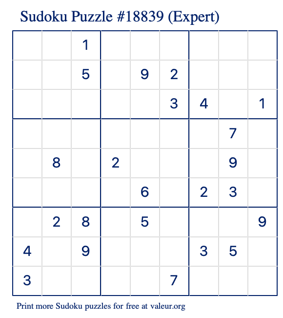 Free Printable Expert Sudoku Puzzle number 18839