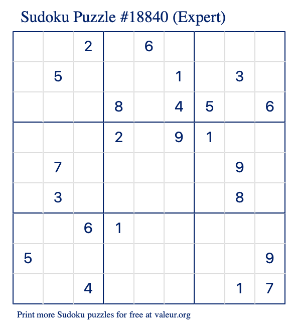 Free Printable Expert Sudoku Puzzle number 18840