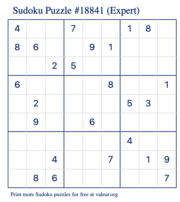 Free Printable Expert Sudoku Puzzle number 18841