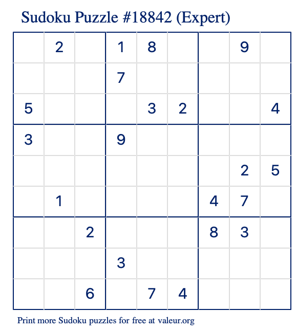 Free Printable Expert Sudoku Puzzle number 18842