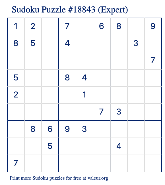 Free Printable Expert Sudoku Puzzle number 18843