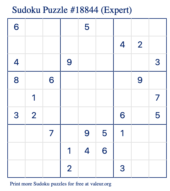 Free Printable Expert Sudoku Puzzle number 18844