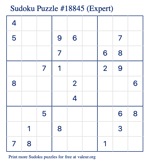 Free Printable Expert Sudoku Puzzle number 18845