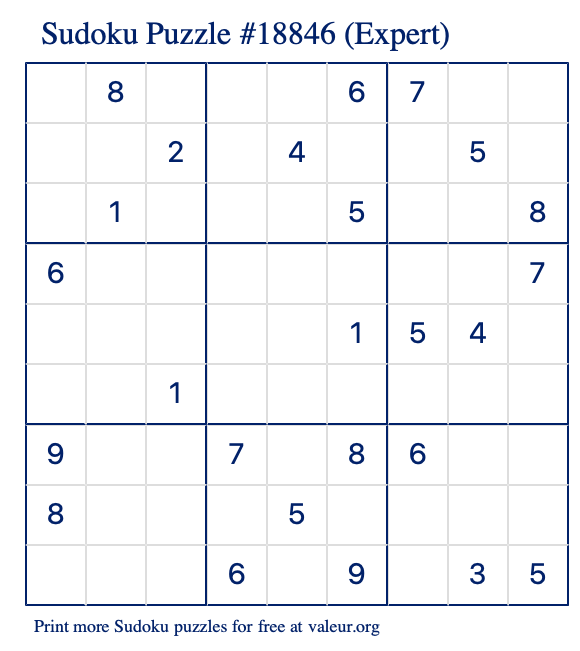 Free Printable Expert Sudoku Puzzle number 18846