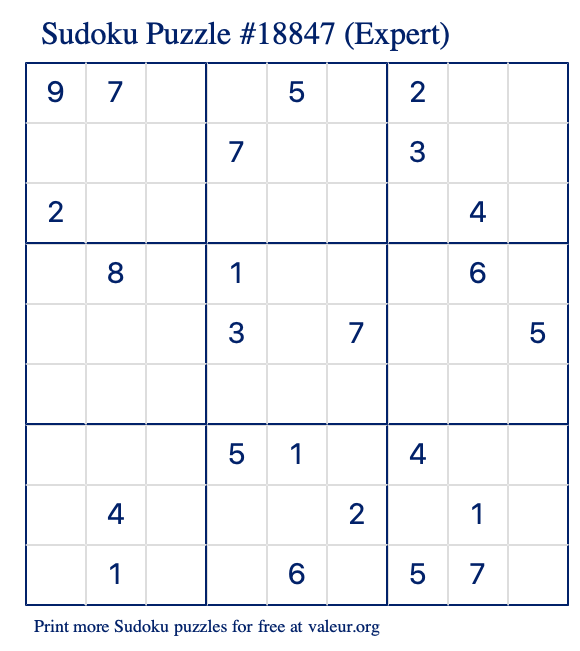 Free Printable Expert Sudoku Puzzle number 18847