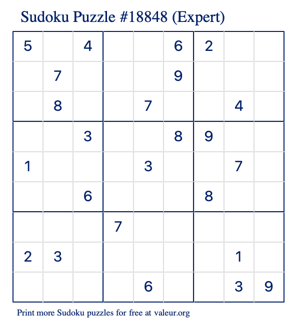 Free Printable Expert Sudoku Puzzle number 18848