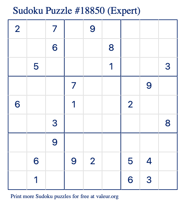 Free Printable Expert Sudoku Puzzle number 18850