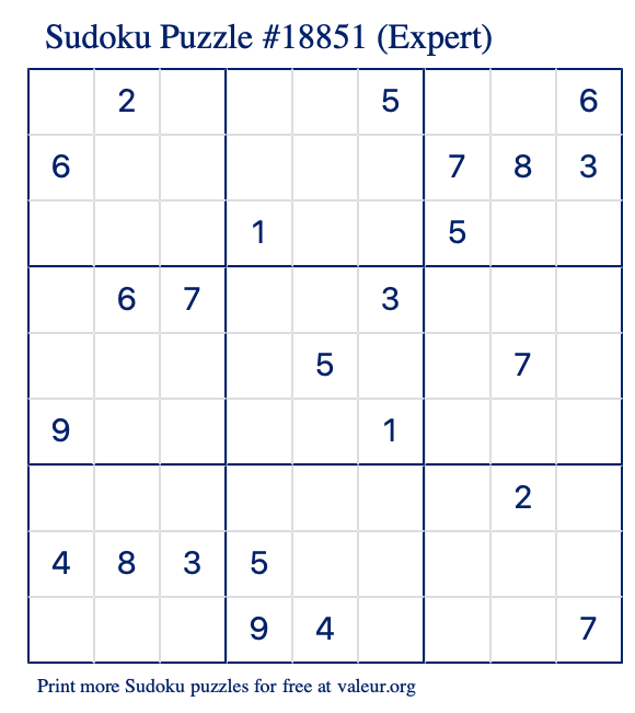 Free Printable Expert Sudoku Puzzle number 18851