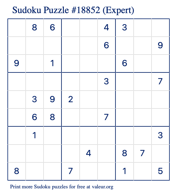 Free Printable Expert Sudoku Puzzle number 18852