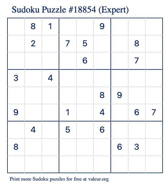 Free Printable Expert Sudoku Puzzle number 18854