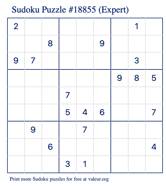 Free Printable Expert Sudoku Puzzle number 18855