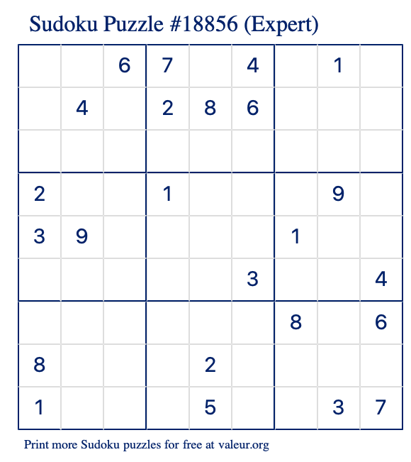 Free Printable Expert Sudoku Puzzle number 18856