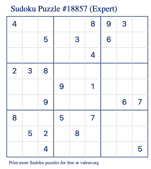 Free Printable Expert Sudoku Puzzle number 18857