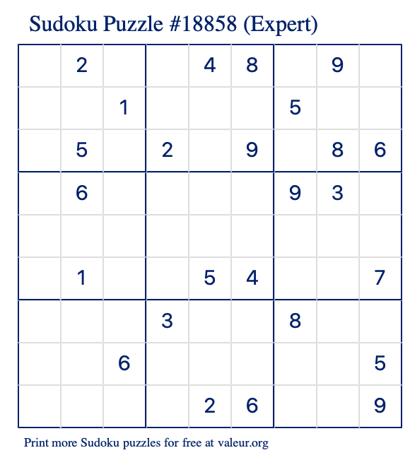 Free Printable Expert Sudoku Puzzle number 18858