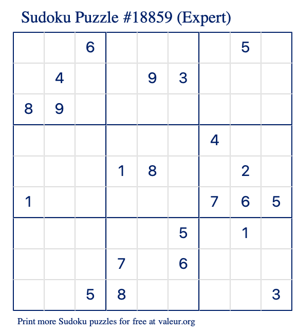 Free Printable Expert Sudoku Puzzle number 18859