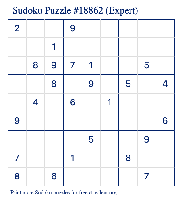 Free Printable Expert Sudoku Puzzle number 18862