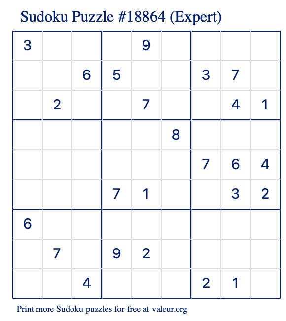 Free Printable Expert Sudoku Puzzle number 18864