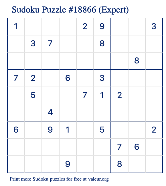 Free Printable Expert Sudoku Puzzle number 18866