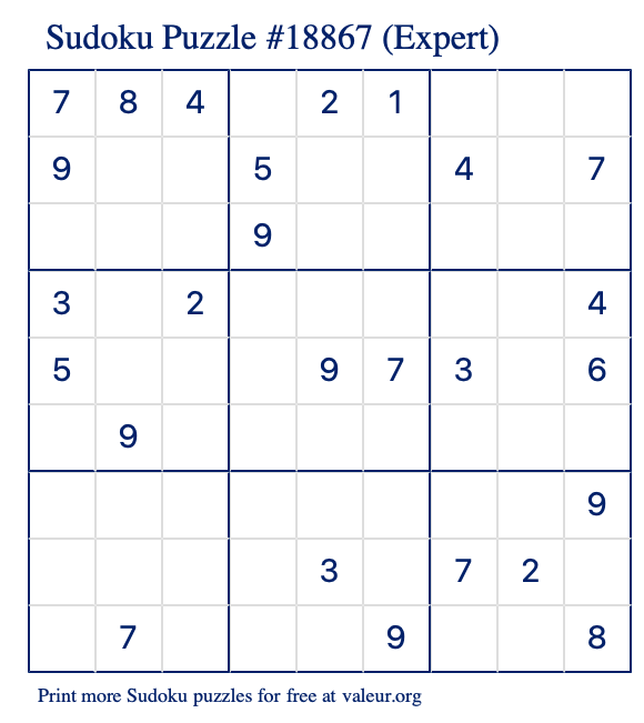 Free Printable Expert Sudoku Puzzle number 18867