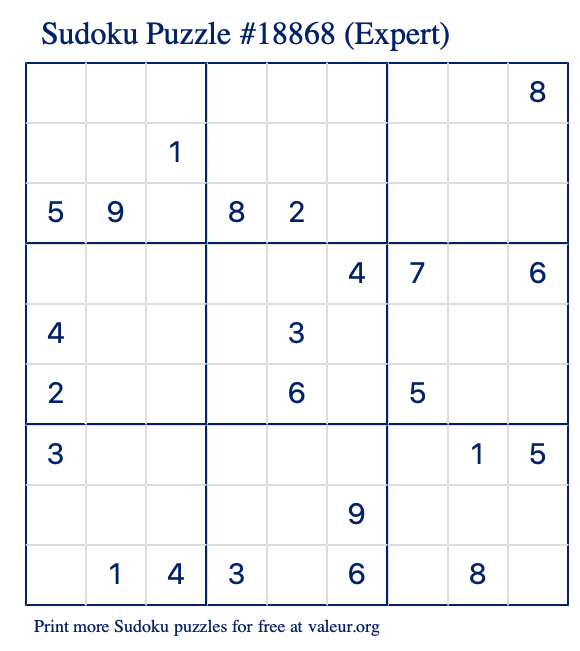 Free Printable Expert Sudoku Puzzle number 18868