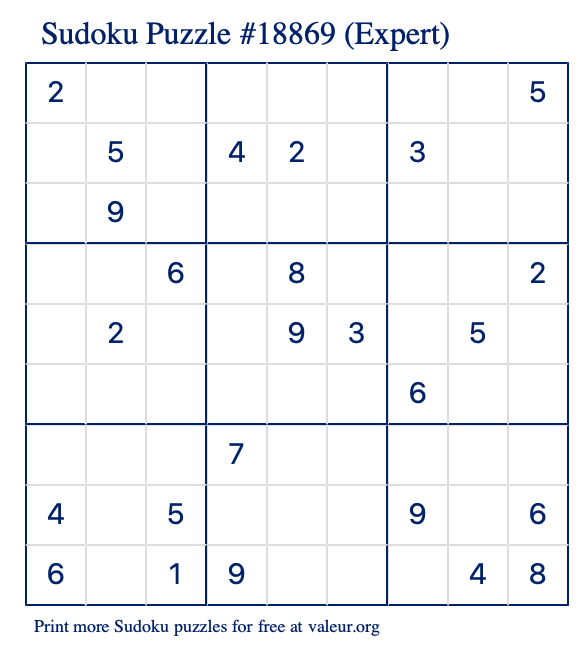 Free Printable Expert Sudoku Puzzle number 18869