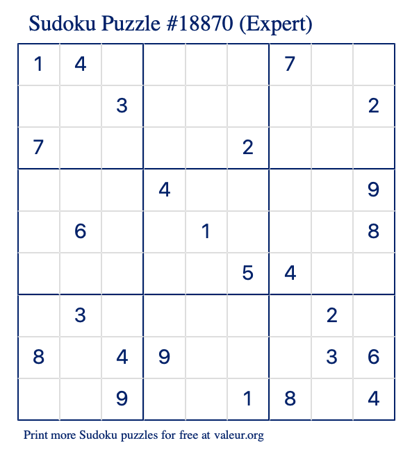 Free Printable Expert Sudoku Puzzle number 18870