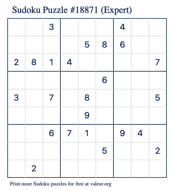 Free Printable Expert Sudoku Puzzle number 18871