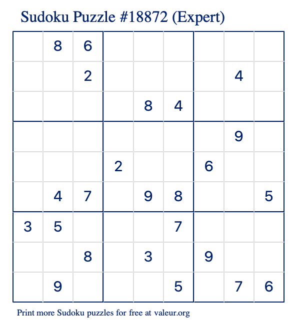 Free Printable Expert Sudoku Puzzle number 18872