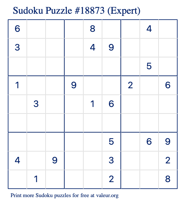 Free Printable Expert Sudoku Puzzle number 18873