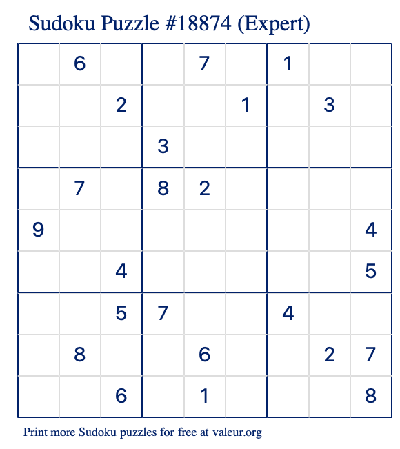 Free Printable Expert Sudoku Puzzle number 18874