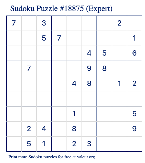 Free Printable Expert Sudoku Puzzle number 18875