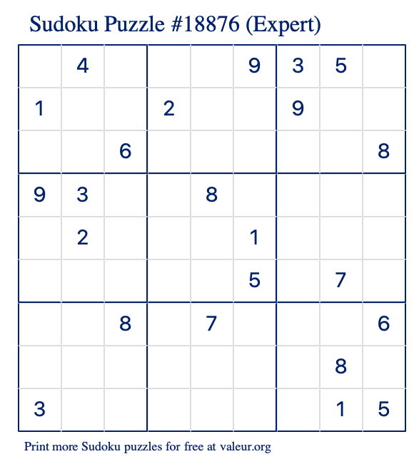 Free Printable Expert Sudoku Puzzle number 18876