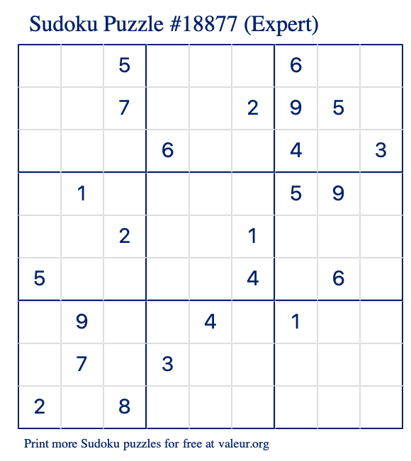 Free Printable Expert Sudoku Puzzle number 18877