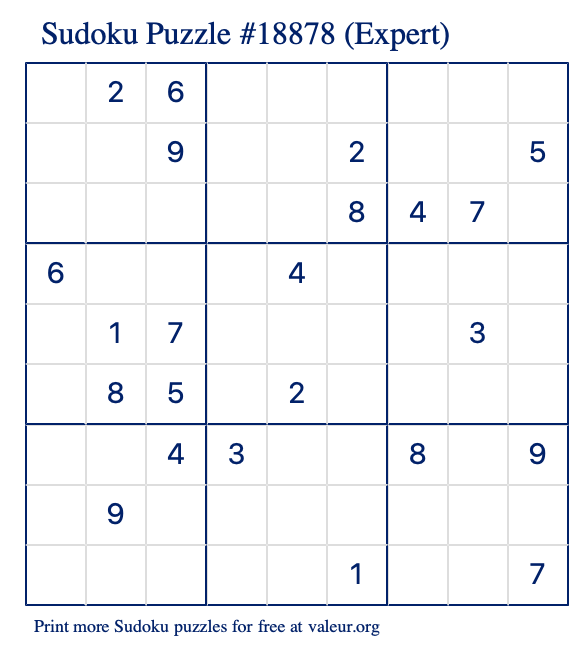 Free Printable Expert Sudoku Puzzle number 18878