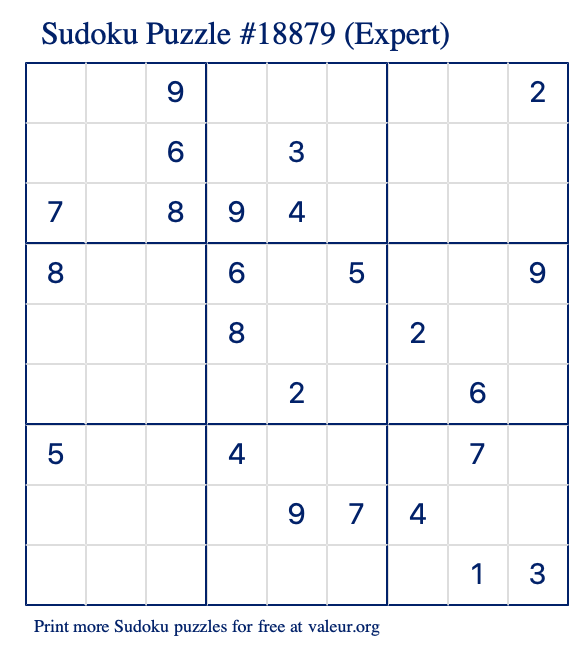 Free Printable Expert Sudoku Puzzle number 18879