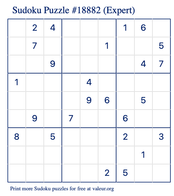 Free Printable Expert Sudoku Puzzle number 18882