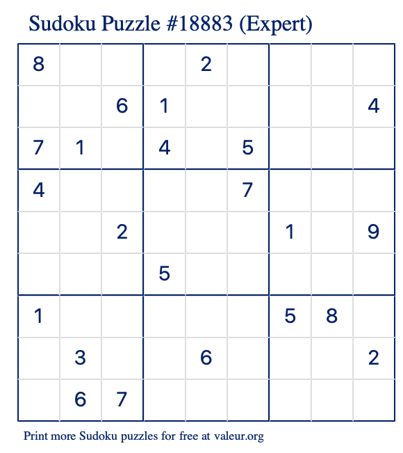 Free Printable Expert Sudoku Puzzle number 18883