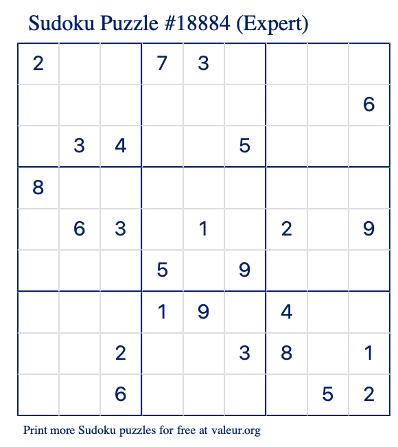 Free Printable Expert Sudoku Puzzle number 18884