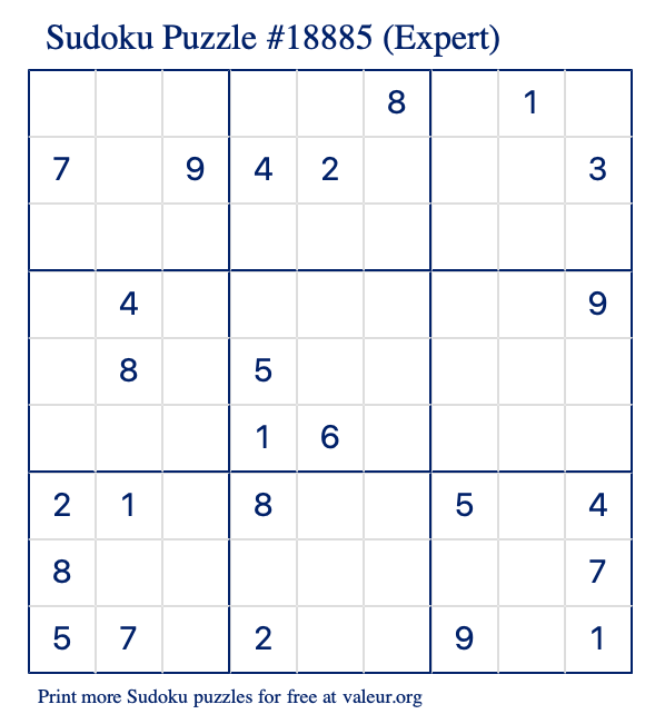 Free Printable Expert Sudoku Puzzle number 18885