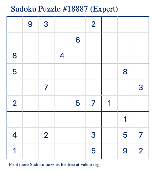 Free Printable Expert Sudoku Puzzle number 18887